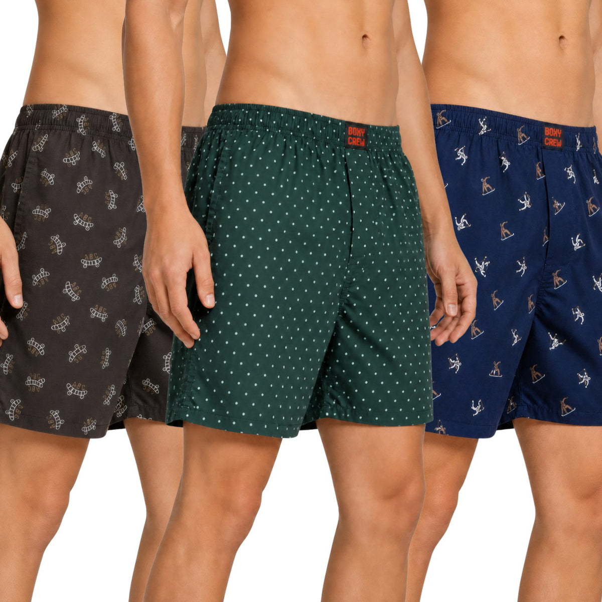Boxy Crew Men's Printed 100% Cotton Boxer Shorts Pack of 3 | No-Mark Soft Elastic Waistband | Regular Comfort Fit with Dual Side Pockets & Button Fly | Brown/Green/Navy