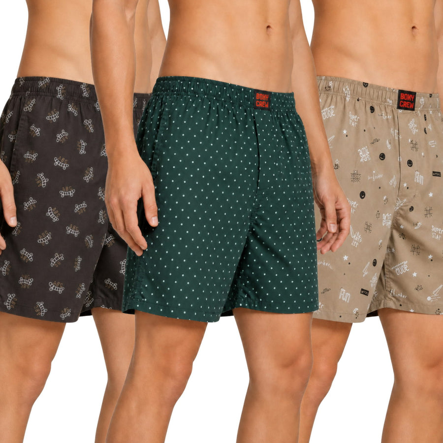 Boxy Crew Men's Printed 100% Cotton Boxer Shorts Pack of 3 | No-Mark Soft Elastic Waistband | Regular Comfort Fit with Dual Side Pockets & Button Fly | Brown/Green/Dark Brown