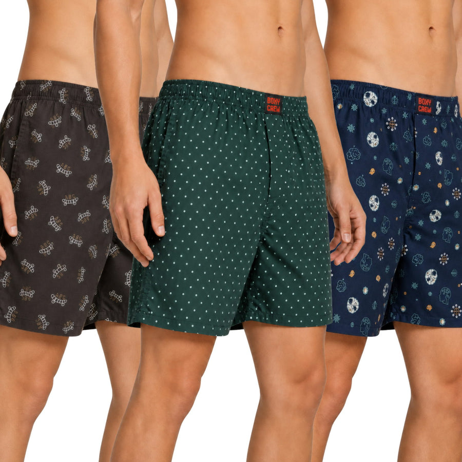 Boxy Crew Men's Printed 100% Cotton Boxer Shorts Pack of 3 | No-Mark Soft Elastic Waistband | Regular Comfort Fit with Dual Side Pockets & Button Fly | Brown/Green/Navy