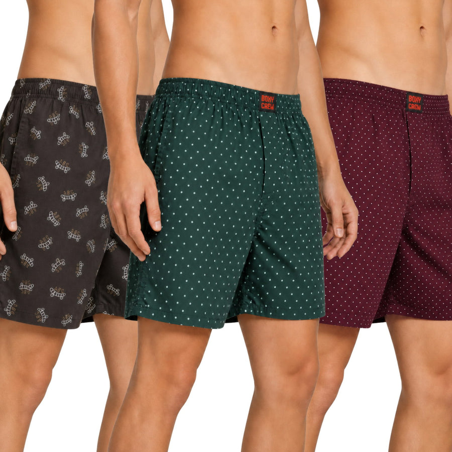 Boxy Crew Men's Printed 100% Cotton Boxer Shorts Pack of 3 | No-Mark Soft Elastic Waistband | Regular Comfort Fit with Dual Side Pockets & Button Fly | Brown/Green/Maroon