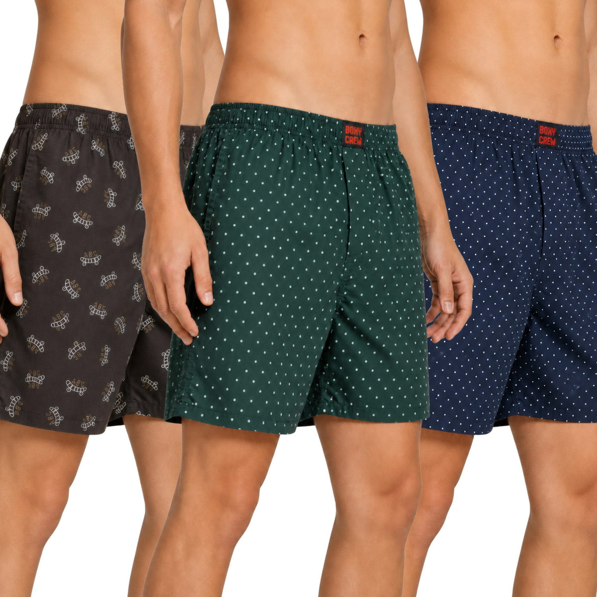 Boxy Crew Men's Printed 100% Cotton Boxer Shorts Pack of 3 | No-Mark Soft Elastic Waistband | Regular Comfort Fit with Dual Side Pockets & Button Fly | Brown/Green/Navy Blue