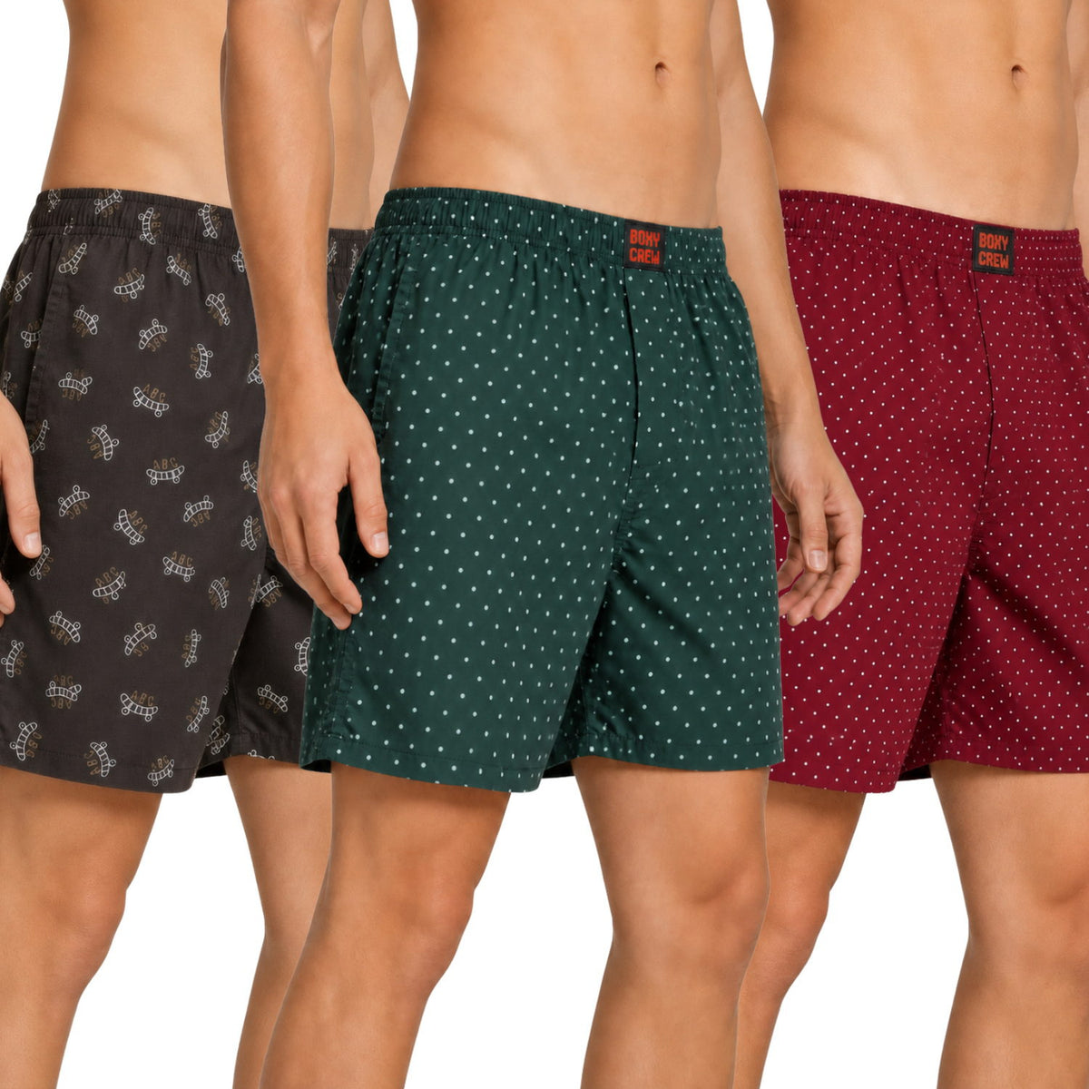 Boxy Crew Men's Printed 100% Cotton Boxer Shorts Pack of 3 | No-Mark Soft Elastic Waistband | Regular Comfort Fit with Dual Side Pockets & Button Fly | Brown/Green/Red