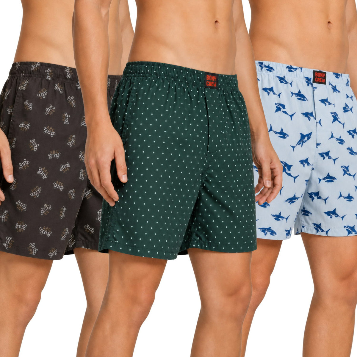 Boxy Crew Men's Printed 100% Cotton Boxer Shorts Pack of 3 | No-Mark Soft Elastic Waistband | Regular Comfort Fit with Dual Side Pockets & Button Fly | Brown/Green/Sky Blue