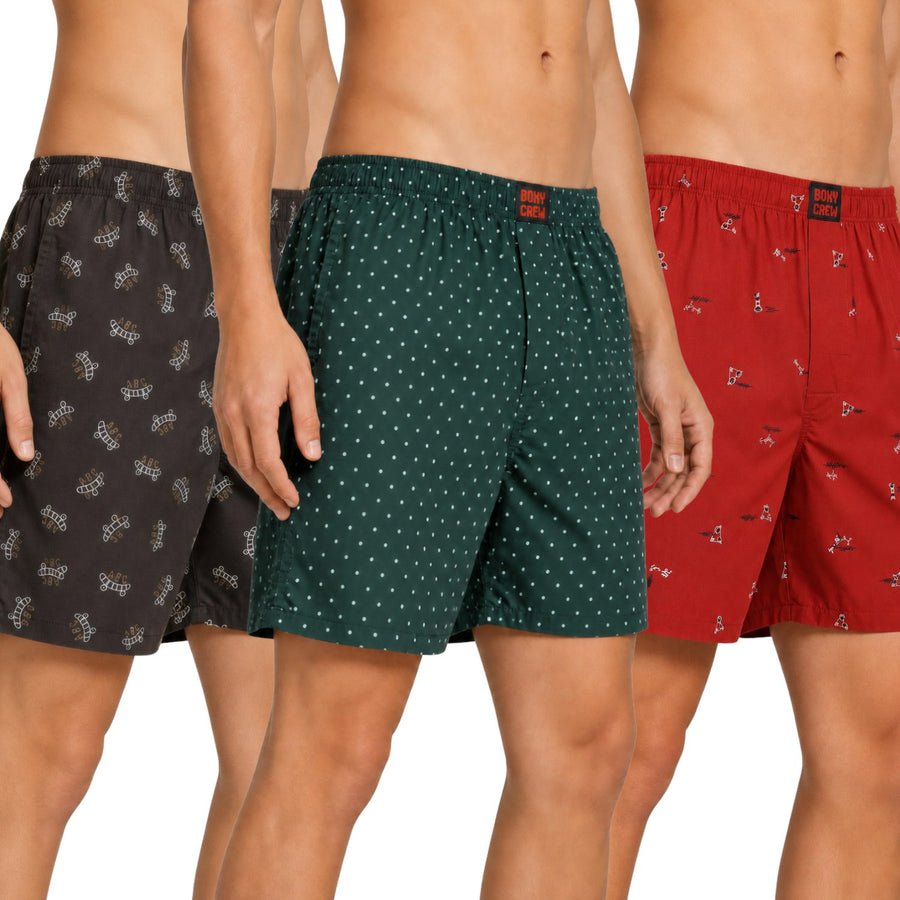 Boxy Crew Men's Printed 100% Cotton Boxer Shorts Pack of 3 | No-Mark Soft Elastic Waistband | Regular Comfort Fit with Dual Side Pockets & Button Fly | Brown/Green/Brick Red
