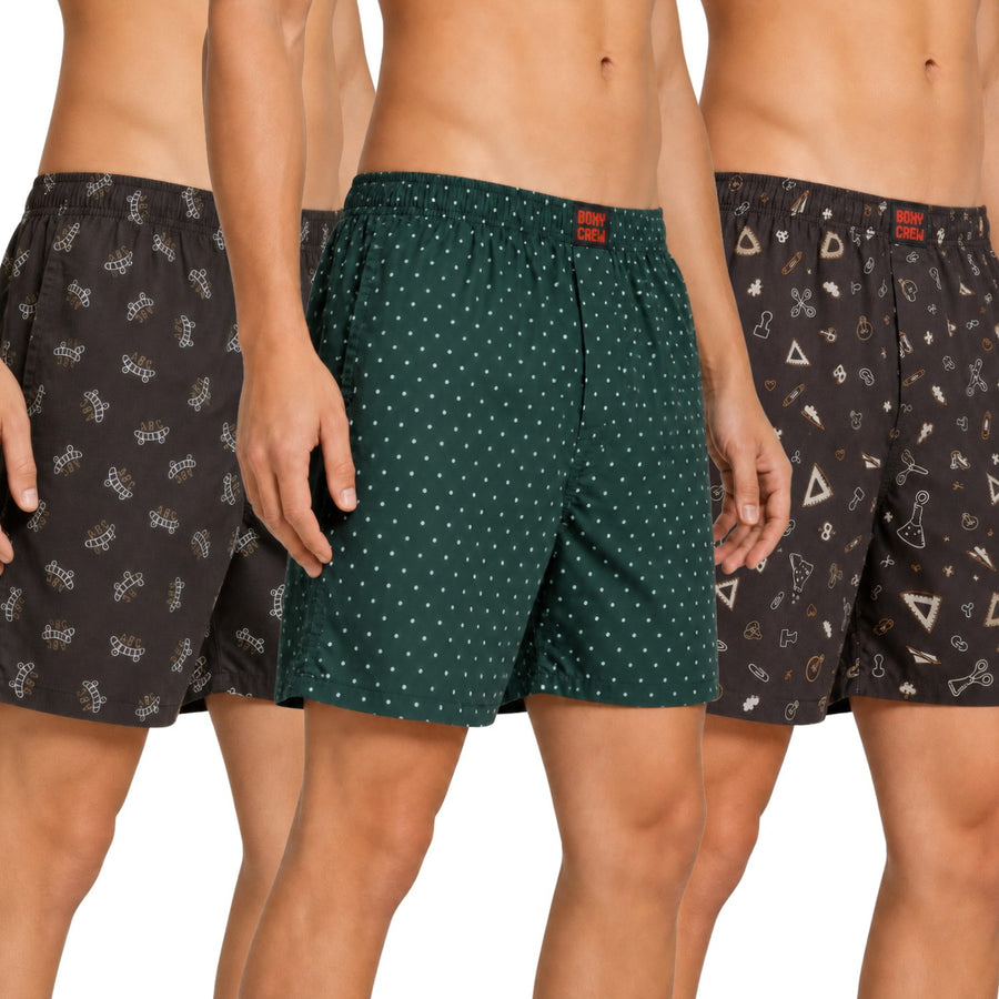 Boxy Crew Men's Printed 100% Cotton Boxer Shorts Pack of 3 | No-Mark Soft Elastic Waistband | Regular Comfort Fit with Dual Side Pockets & Button Fly | Brown/Green/Dark Brown