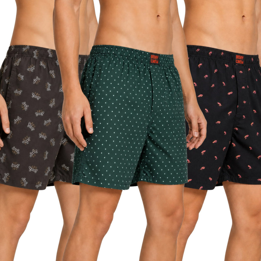 Boxy Crew Men's Printed 100% Cotton Boxer Shorts Pack of 3 | No-Mark Soft Elastic Waistband | Regular Comfort Fit with Dual Side Pockets & Button Fly | Brown/Green/Black