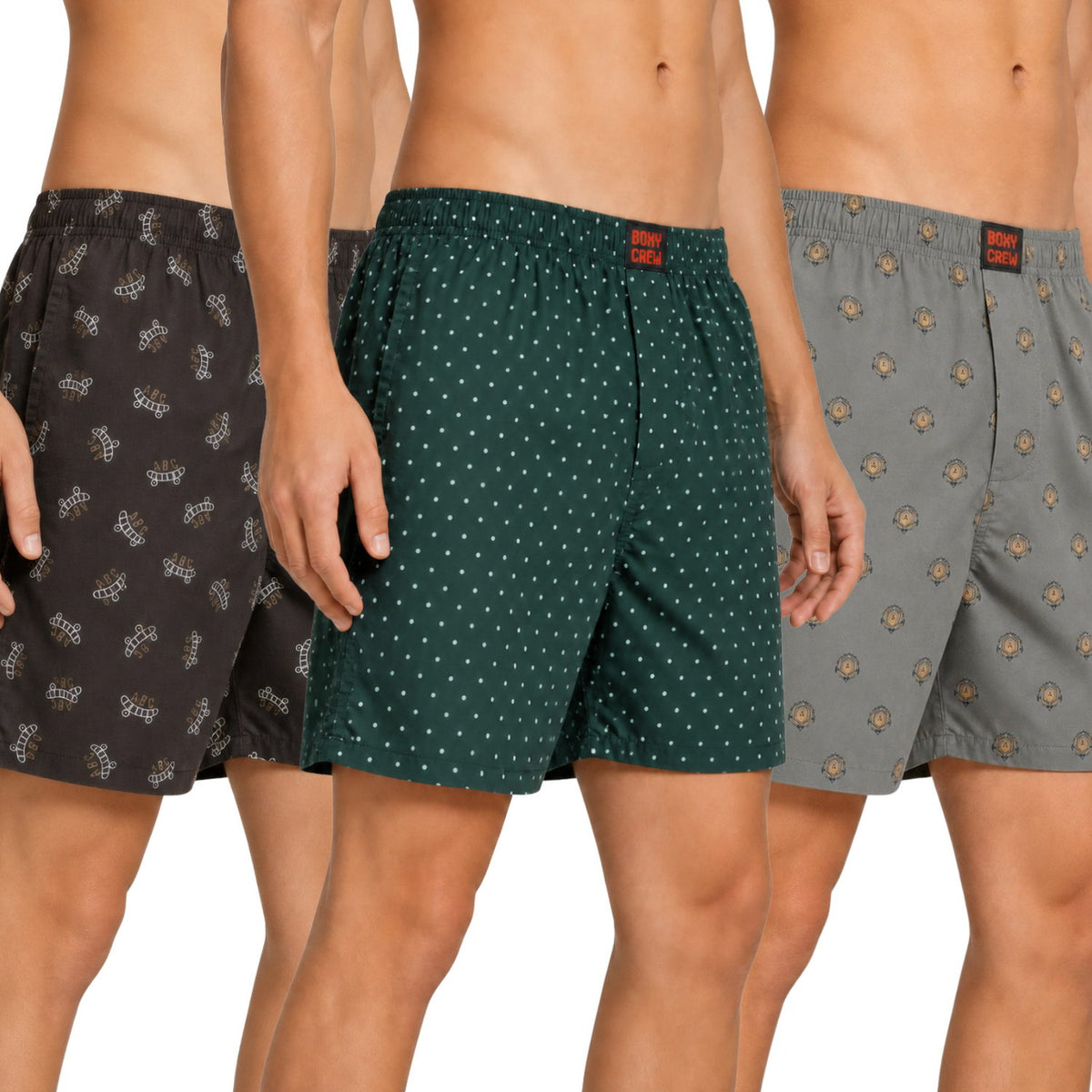 Boxy Crew Men's Printed 100% Cotton Boxer Shorts Pack of 3 | No-Mark Soft Elastic Waistband | Regular Comfort Fit with Dual Side Pockets & Button Fly | Brown/Green/Ash Grey