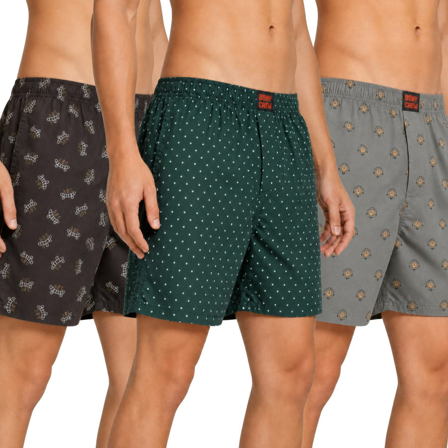 Boxy Crew Men's Printed 100% Cotton Boxer Shorts Pack of 3 | No-Mark Soft Elastic Waistband | Regular Comfort Fit with Dual Side Pockets & Button Fly | Brown/Green/Ash Grey
