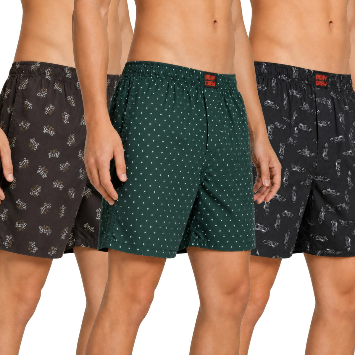 Boxy Crew Men's Printed 100% Cotton Boxer Shorts Pack of 3 | No-Mark Soft Elastic Waistband | Regular Comfort Fit with Dual Side Pockets & Button Fly | Brown/Green/Black