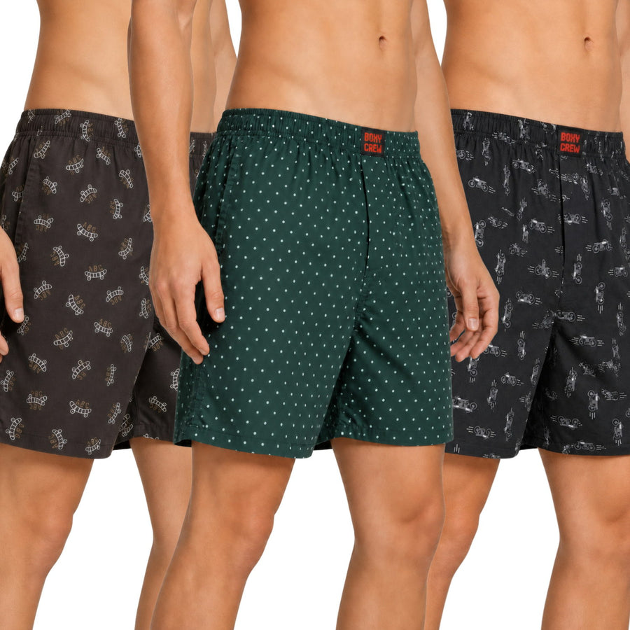 Boxy Crew Men's Printed 100% Cotton Boxer Shorts Pack of 3 | No-Mark Soft Elastic Waistband | Regular Comfort Fit with Dual Side Pockets & Button Fly | Brown/Green/Black
