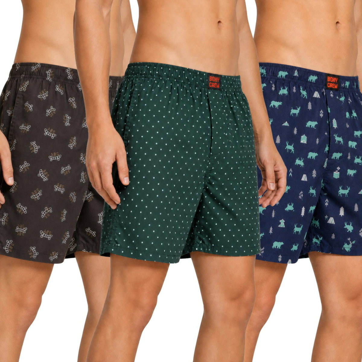 Boxy Crew Men's Printed 100% Cotton Boxer Shorts Pack of 3 | No-Mark Soft Elastic Waistband | Regular Comfort Fit with Dual Side Pockets & Button Fly | Brown/Green/Navy Blue