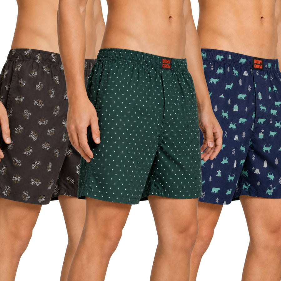 Boxy Crew Men's Printed 100% Cotton Boxer Shorts Pack of 3 | No-Mark Soft Elastic Waistband | Regular Comfort Fit with Dual Side Pockets & Button Fly | Brown/Green/Navy Blue