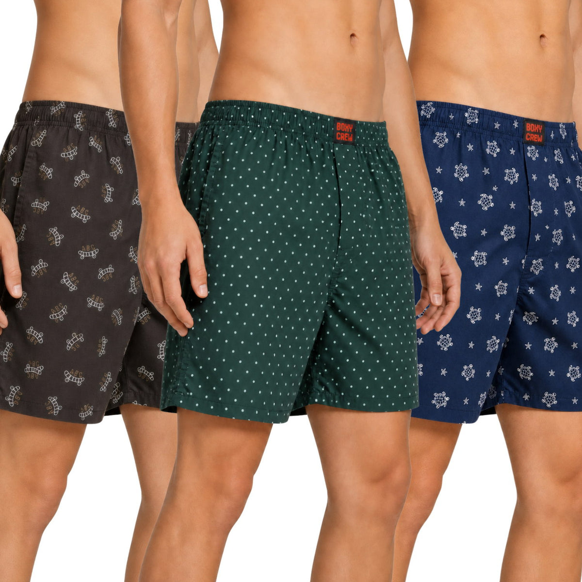 Boxy Crew Men's Printed 100% Cotton Boxer Shorts Pack of 3 | No-Mark Soft Elastic Waistband | Regular Comfort Fit with Dual Side Pockets & Button Fly | Brown/Green/Denim Blue