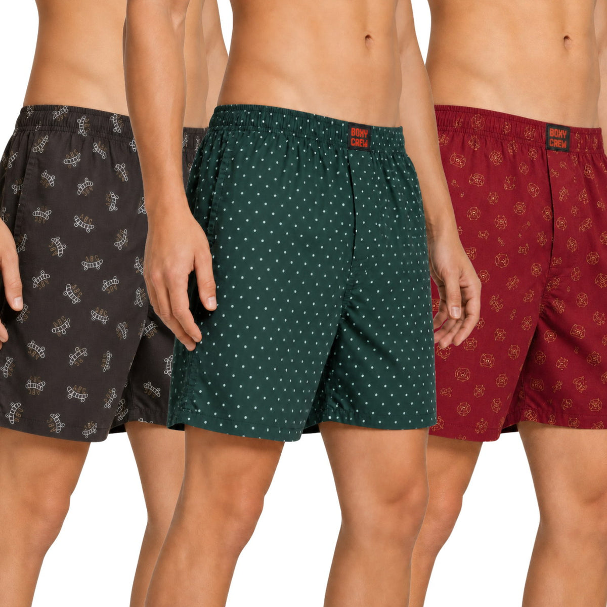 Boxy Crew Men's Printed 100% Cotton Boxer Shorts Pack of 3 | No-Mark Soft Elastic Waistband | Regular Comfort Fit with Dual Side Pockets & Button Fly | Brown/Green/Brick Red