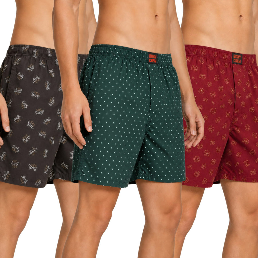 Boxy Crew Men's Printed 100% Cotton Boxer Shorts Pack of 3 | No-Mark Soft Elastic Waistband | Regular Comfort Fit with Dual Side Pockets & Button Fly | Brown/Green/Brick Red