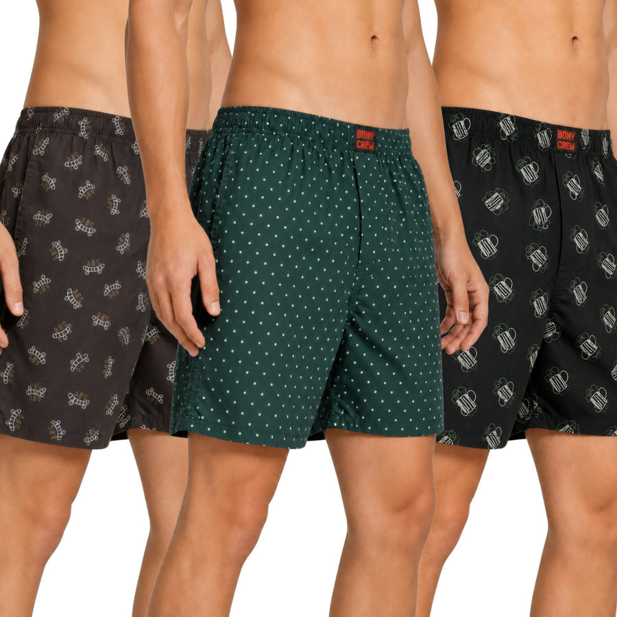 Boxy Crew Men's Printed 100% Cotton Boxer Shorts Pack of 3 | No-Mark Soft Elastic Waistband | Regular Comfort Fit with Dual Side Pockets & Button Fly | Brown/Green/Dark Green