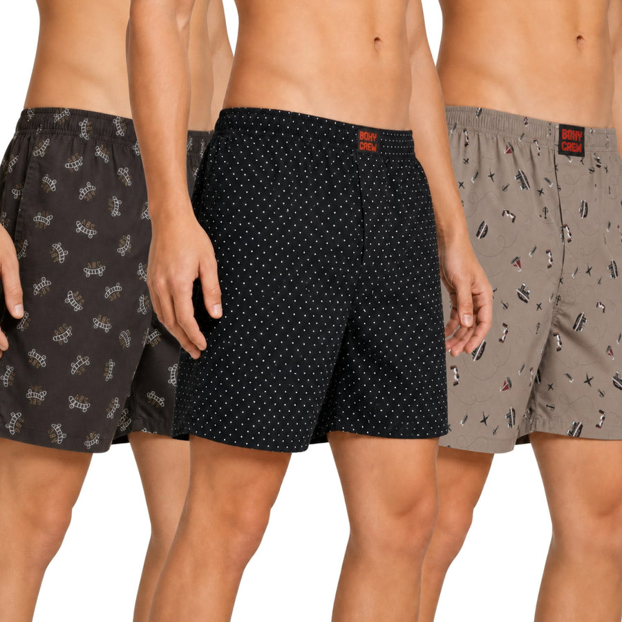 Boxy Crew Men's Printed 100% Cotton Boxer Shorts Pack of 3 | No-Mark Soft Elastic Waistband | Regular Comfort Fit with Dual Side Pockets & Button Fly | Brown/Black/Cream
