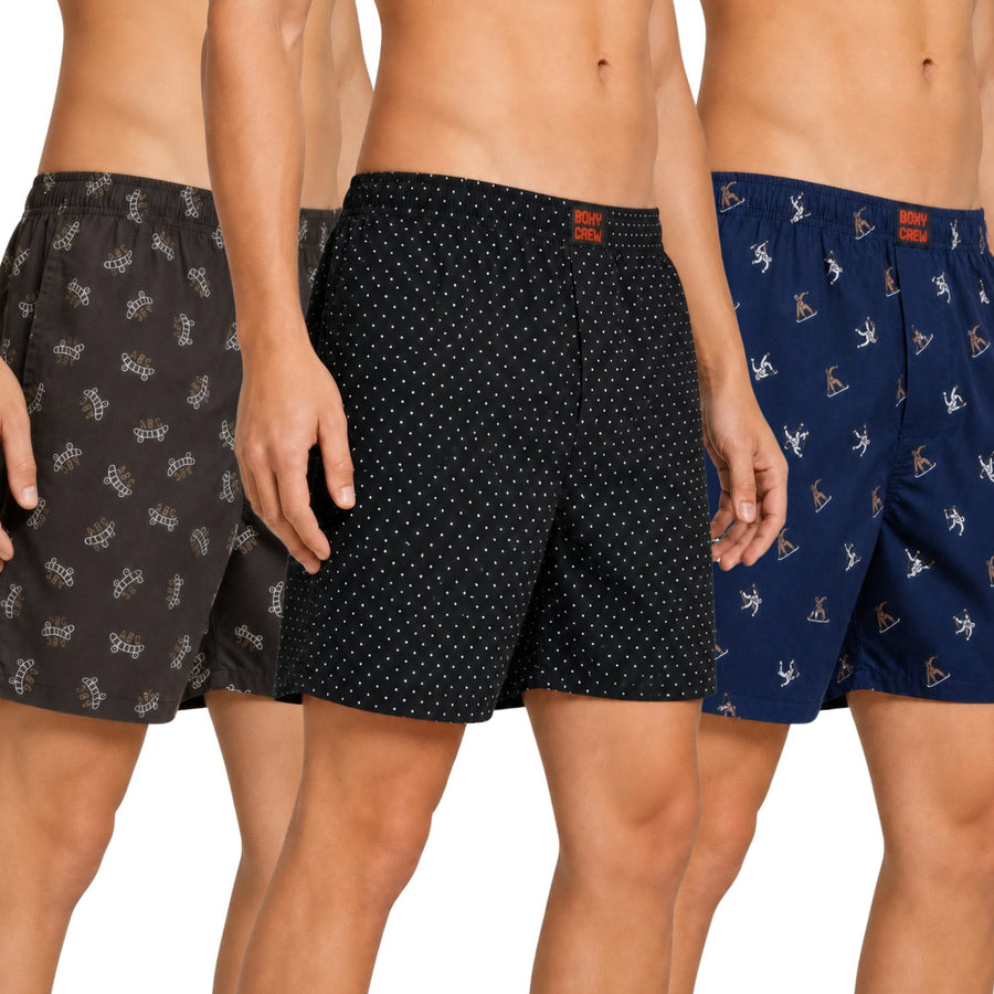 Boxy Crew Men's Printed 100% Cotton Boxer Shorts Pack of 3 | No-Mark Soft Elastic Waistband | Regular Comfort Fit with Dual Side Pockets & Button Fly | Brown/Black/Navy