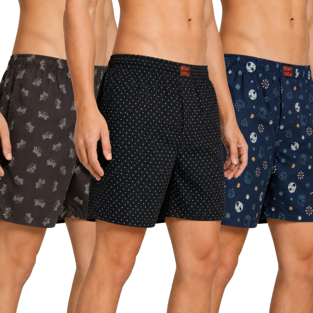 Boxy Crew Men's Printed 100% Cotton Boxer Shorts Pack of 3 | No-Mark Soft Elastic Waistband | Regular Comfort Fit with Dual Side Pockets & Button Fly | Brown/Black/Navy