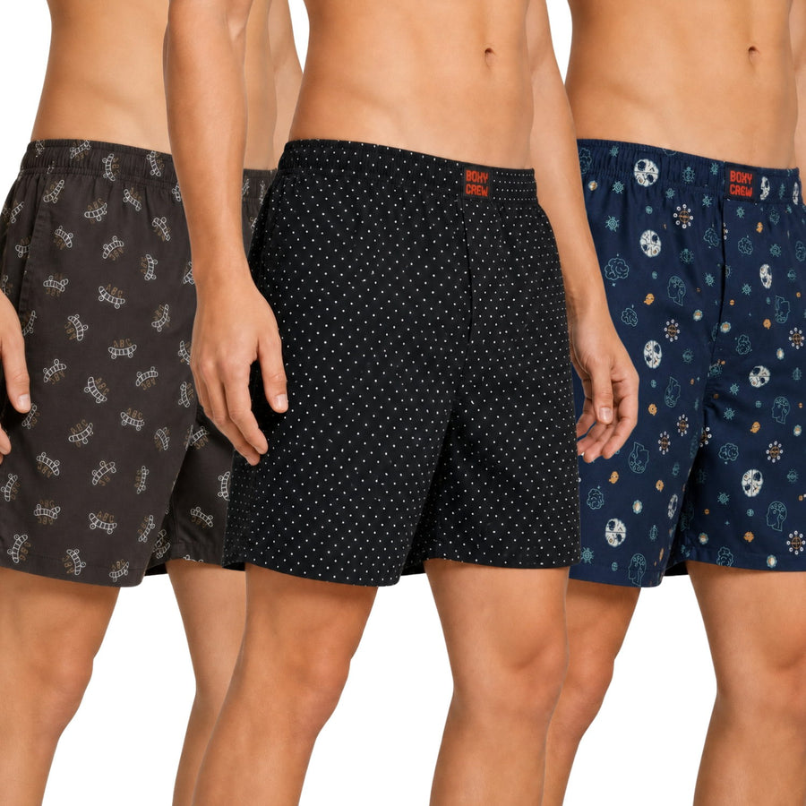 Boxy Crew Men's Printed 100% Cotton Boxer Shorts Pack of 3 | No-Mark Soft Elastic Waistband | Regular Comfort Fit with Dual Side Pockets & Button Fly | Brown/Black/Navy