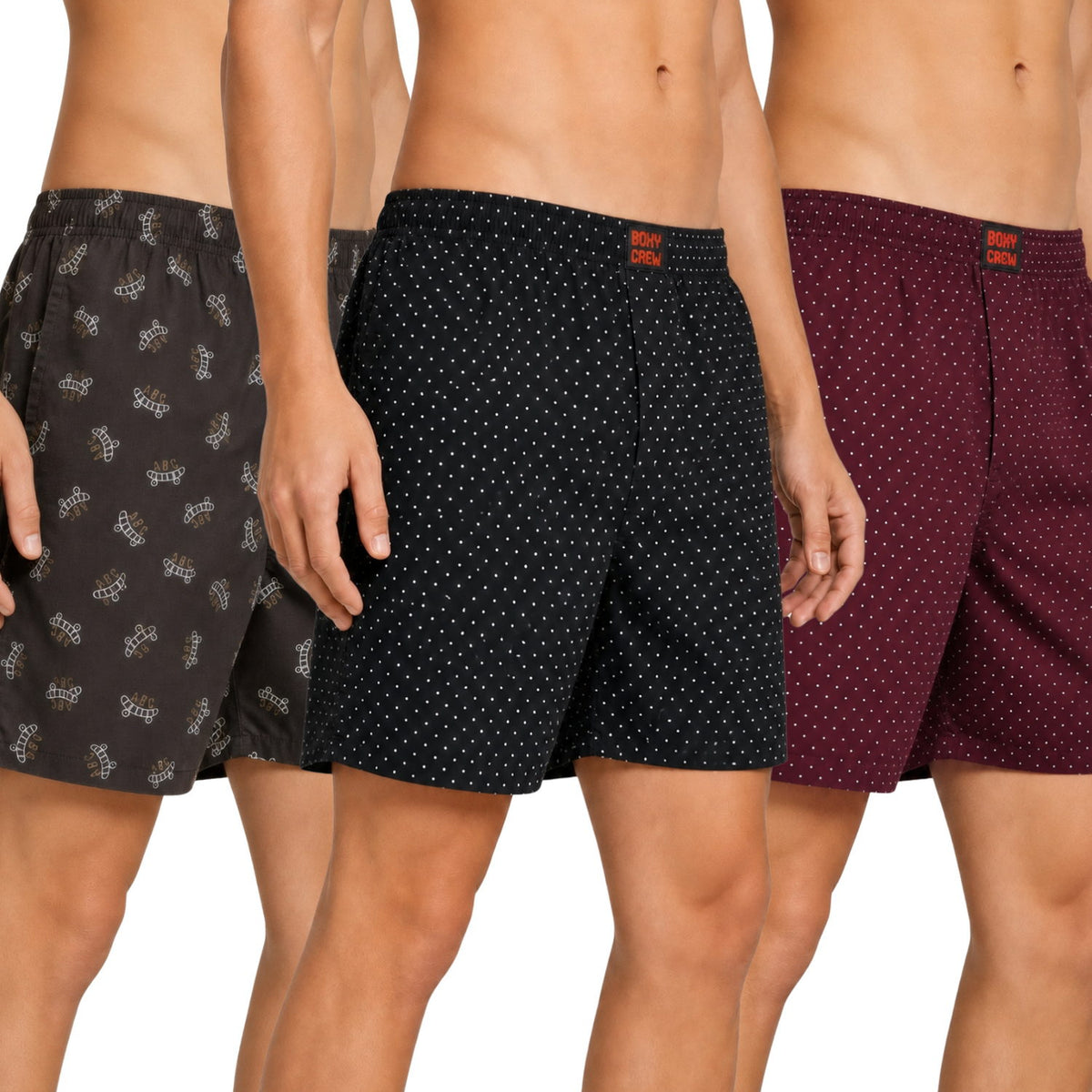 Boxy Crew Men's Printed 100% Cotton Boxer Shorts Pack of 3 | No-Mark Soft Elastic Waistband | Regular Comfort Fit with Dual Side Pockets & Button Fly | Brown/Black/Maroon