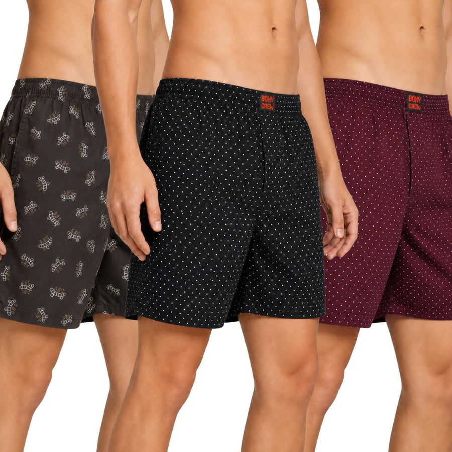 Boxy Crew Men's Printed 100% Cotton Boxer Shorts Pack of 3 | No-Mark Soft Elastic Waistband | Regular Comfort Fit with Dual Side Pockets & Button Fly | Brown/Black/Maroon