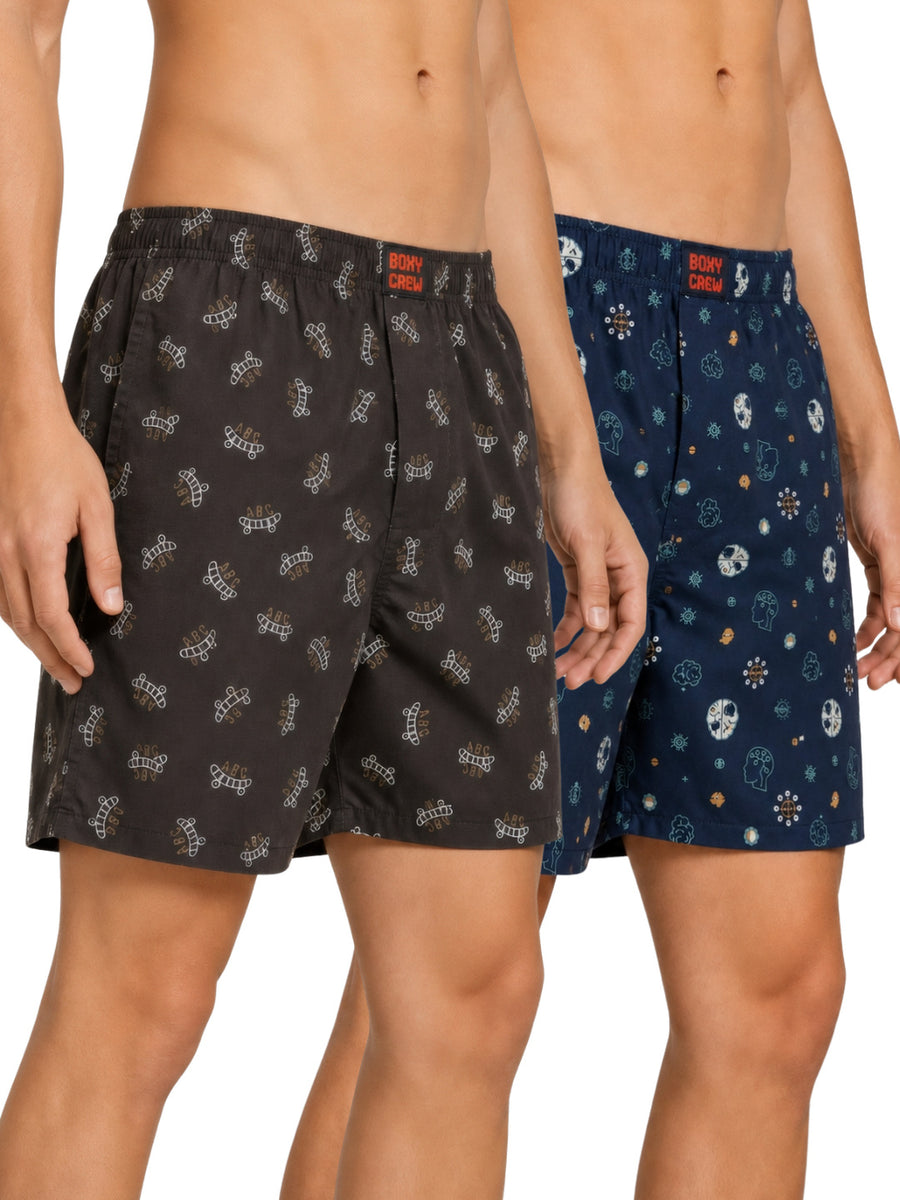 Boxy Crew Men's Printed 100% Cotton Boxer Shorts Pack of 2 | No-Mark Soft Elastic Waistband | Regular Comfort Fit with Dual Side Pockets & Button Fly | Brown/Navy | Style BC-MBX031-037