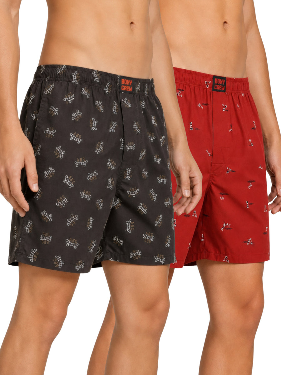 Boxy Crew Men's Printed 100% Cotton Boxer Shorts Pack of 2 | No-Mark Soft Elastic Waistband | Regular Comfort Fit with Dual Side Pockets & Button Fly | Brown/Brick Red | Style BC-MBX031-043