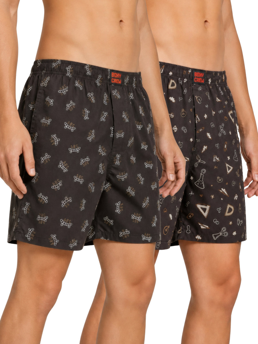 Boxy Crew Men's Printed 100% Cotton Boxer Shorts Pack of 2 | No-Mark Soft Elastic Waistband | Regular Comfort Fit with Dual Side Pockets & Button Fly | Brown/Dark Brown | Style BC-MBX031-044