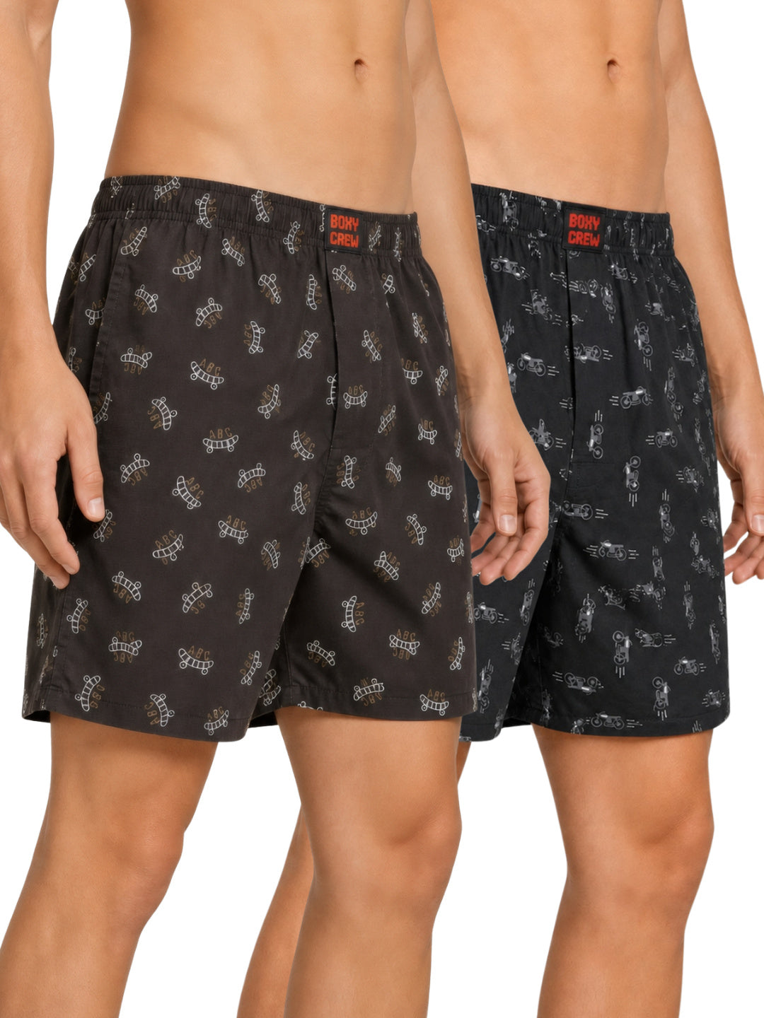 Boxy Crew Men's Printed 100% Cotton Boxer Shorts Pack of 2 | No-Mark Soft Elastic Waistband | Regular Comfort Fit with Dual Side Pockets & Button Fly | Brown/Black | Style BC-MBX031-047