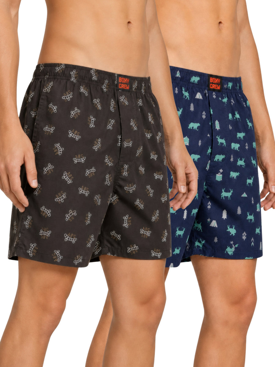 Boxy Crew Men's Printed 100% Cotton Boxer Shorts Pack of 2 | No-Mark Soft Elastic Waistband | Regular Comfort Fit with Dual Side Pockets & Button Fly | Brown/Navy Blue | Style BC-MBX031-048