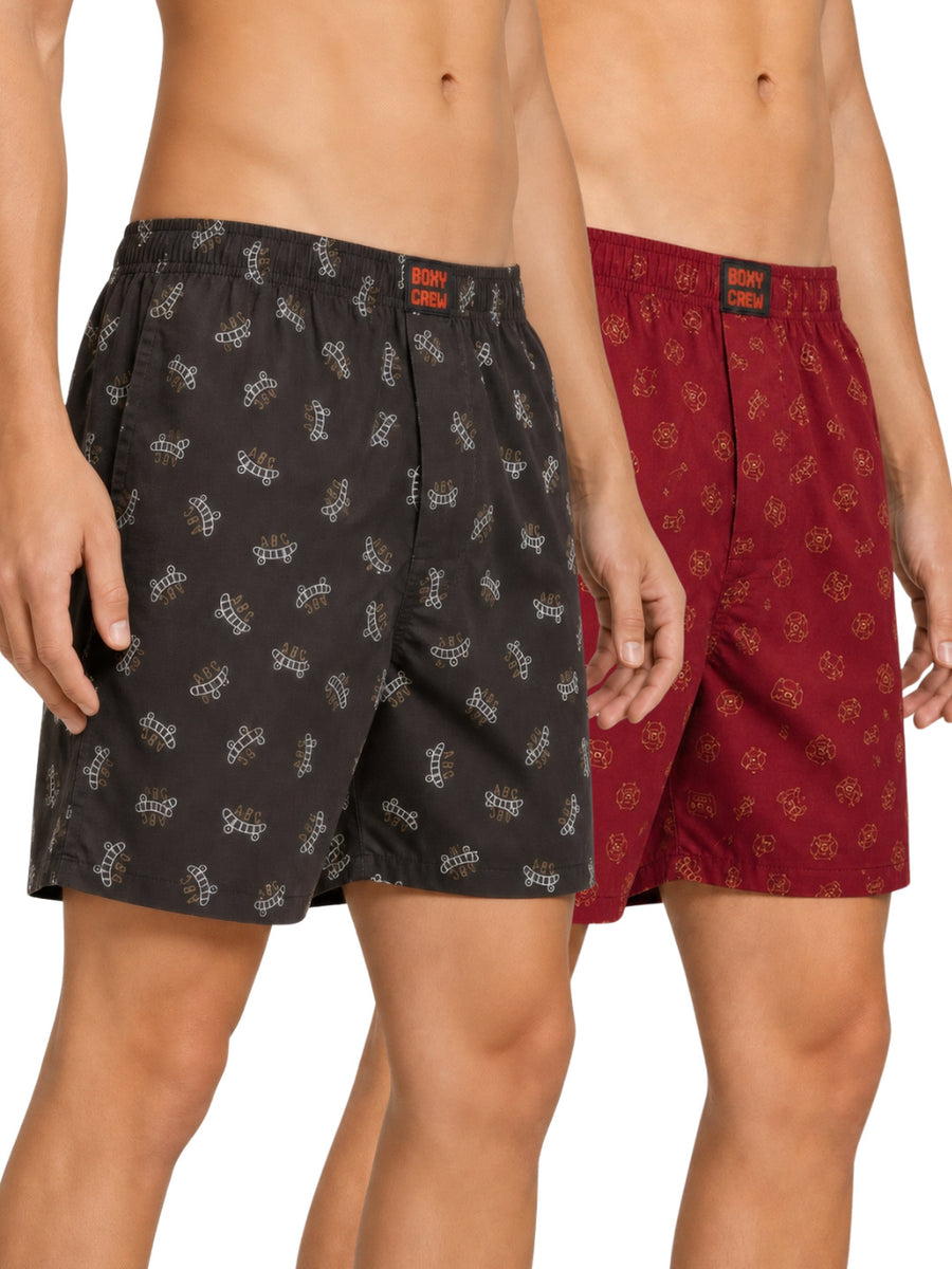 Boxy Crew Men's Printed 100% Cotton Boxer Shorts Pack of 2 | No-Mark Soft Elastic Waistband | Regular Comfort Fit with Dual Side Pockets & Button Fly | Brown/Brick Red | Style BC-MBX031-050
