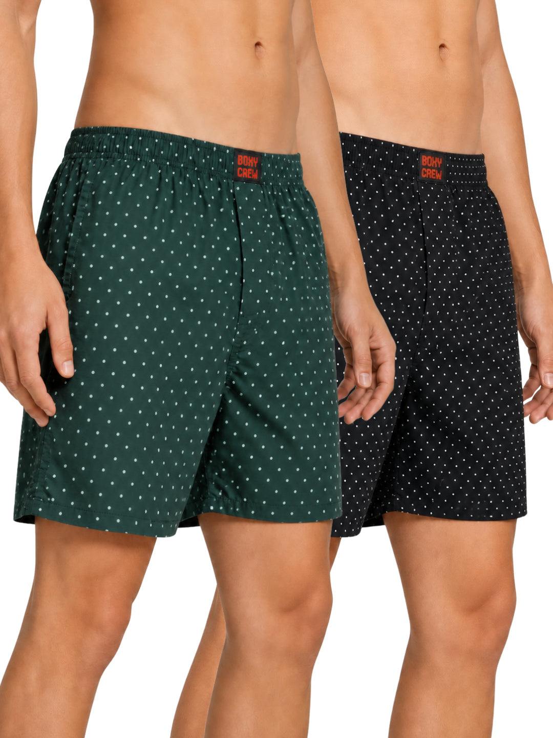 Boxy Crew Men's Printed 100% Cotton Boxer Shorts Pack of 2 | No-Mark Soft Elastic Waistband | Regular Comfort Fit with Dual Side Pockets & Button Fly | Green/Black | Style BC-MBX032-033