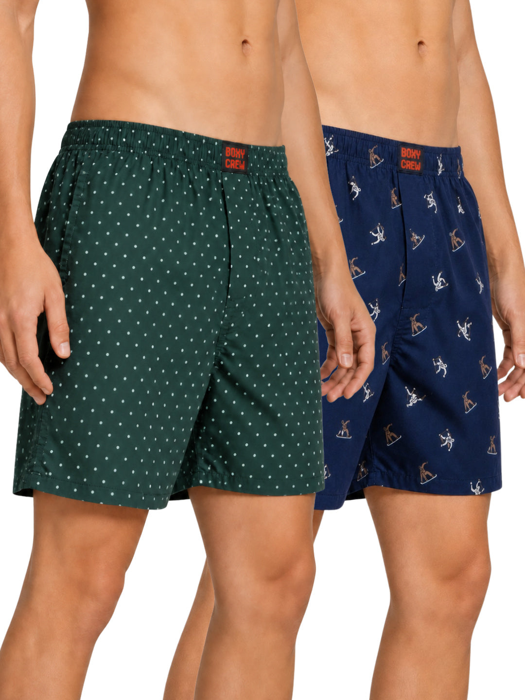 Boxy Crew Men's Printed 100% Cotton Boxer Shorts Pack of 2 | No-Mark Soft Elastic Waistband | Regular Comfort Fit with Dual Side Pockets & Button Fly | Green/Navy | Style BC-MBX032-035