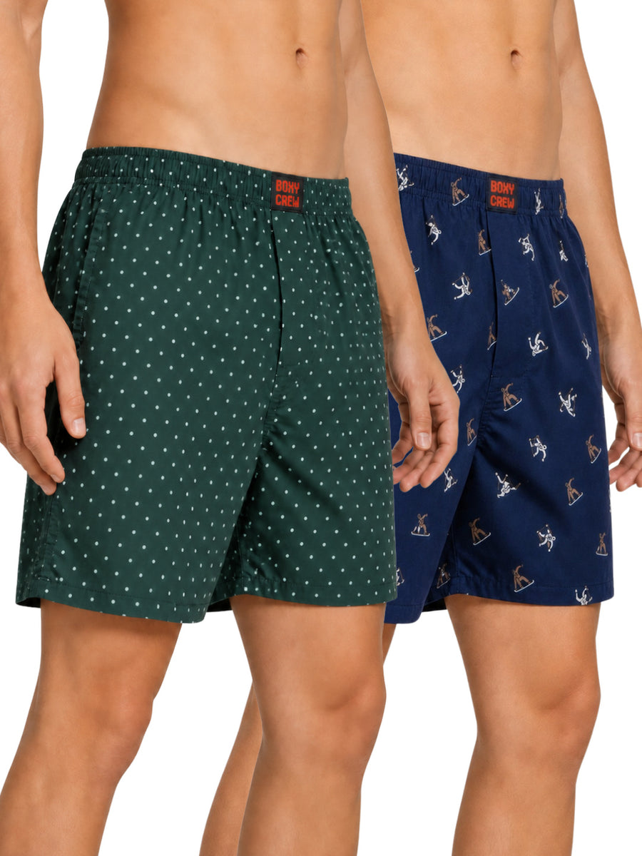 Boxy Crew Men's Printed 100% Cotton Boxer Shorts Pack of 2 | No-Mark Soft Elastic Waistband | Regular Comfort Fit with Dual Side Pockets & Button Fly | Green/Navy | Style BC-MBX032-035