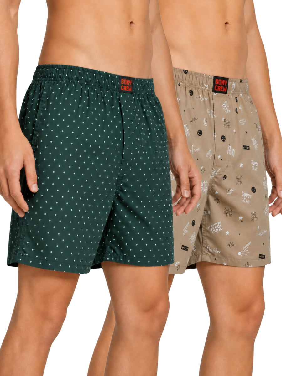Boxy Crew Men's Printed 100% Cotton Boxer Shorts Pack of 2 | No-Mark Soft Elastic Waistband | Regular Comfort Fit with Dual Side Pockets & Button Fly | Green/Dark Brown | Style BC-MBX032-036