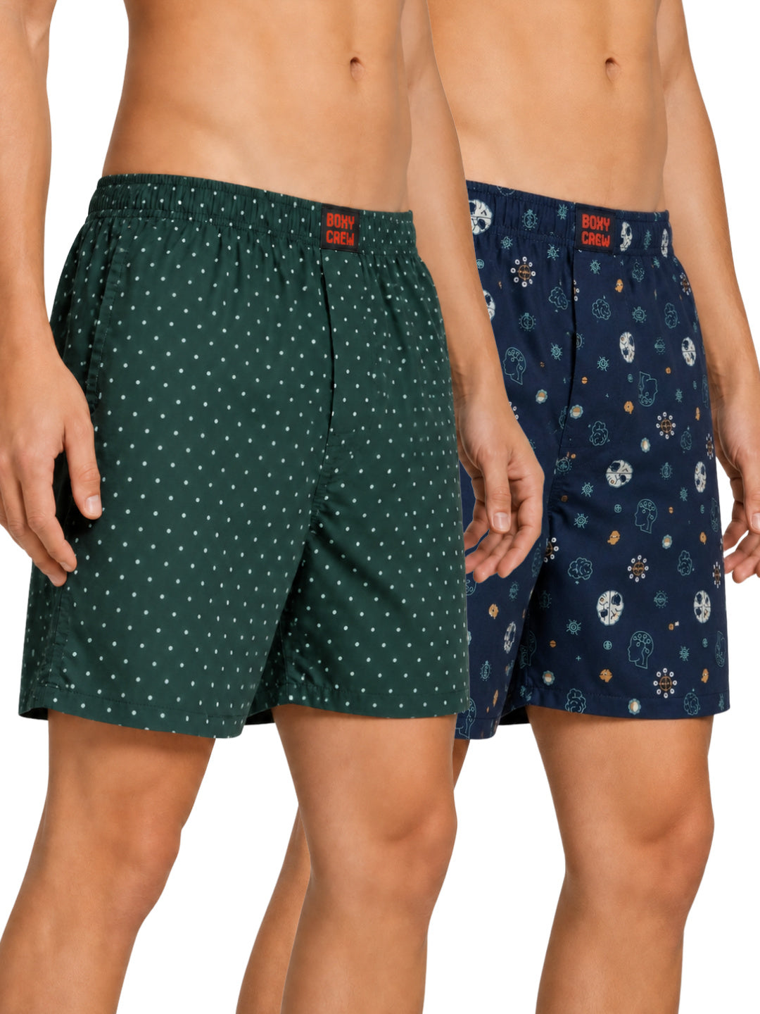 Boxy Crew Men's Printed 100% Cotton Boxer Shorts Pack of 2 | No-Mark Soft Elastic Waistband | Regular Comfort Fit with Dual Side Pockets & Button Fly | Green/Navy | Style BC-MBX032-037