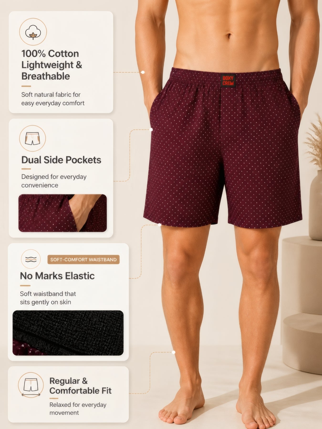 Boxy Crew Men's 100% Cotton No-Mark Boxer Shorts – BC-MBX038 – product image 3