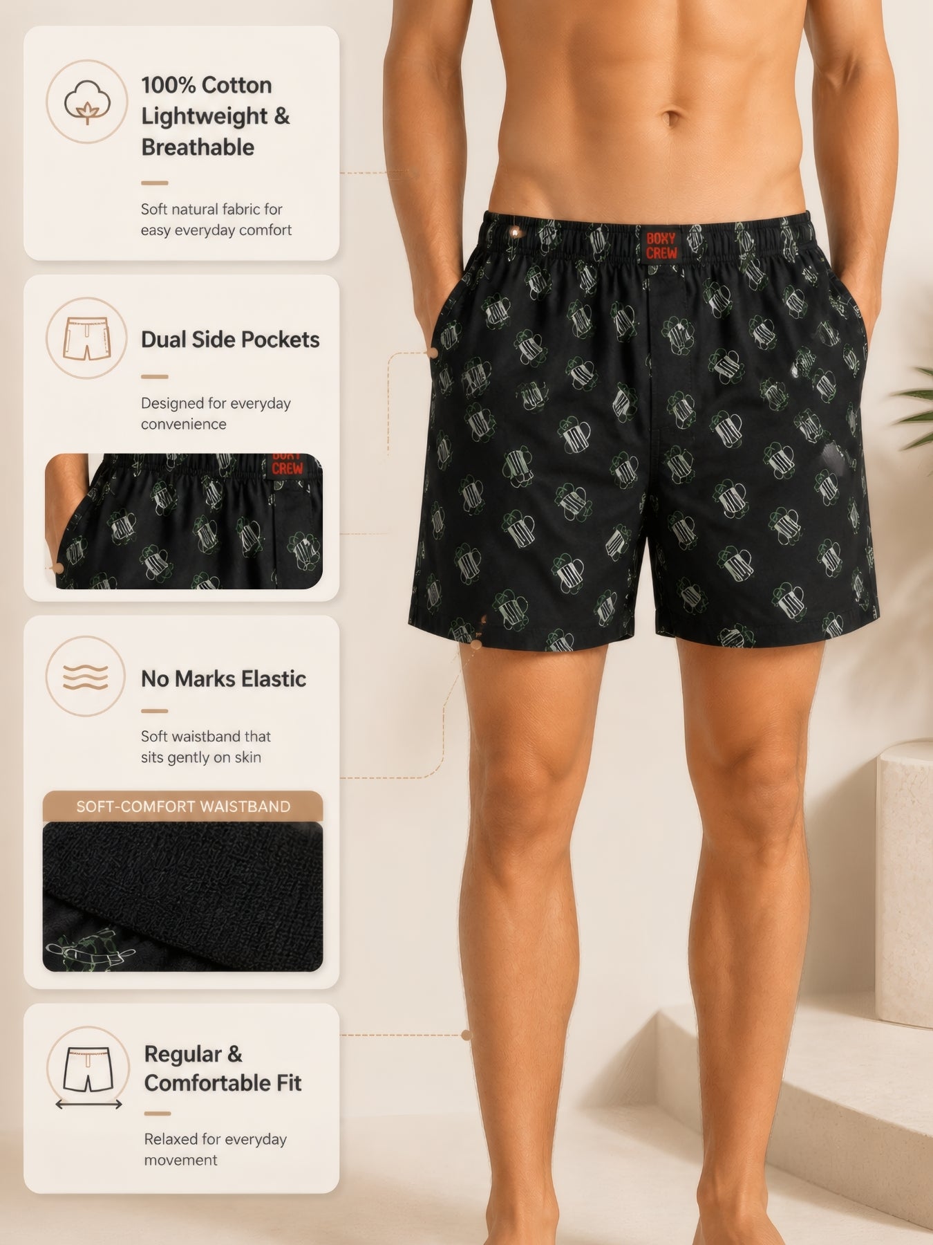 Boxy Crew Men's 100% Cotton No-Mark Boxer Shorts – BC-MBX051 – product image 3