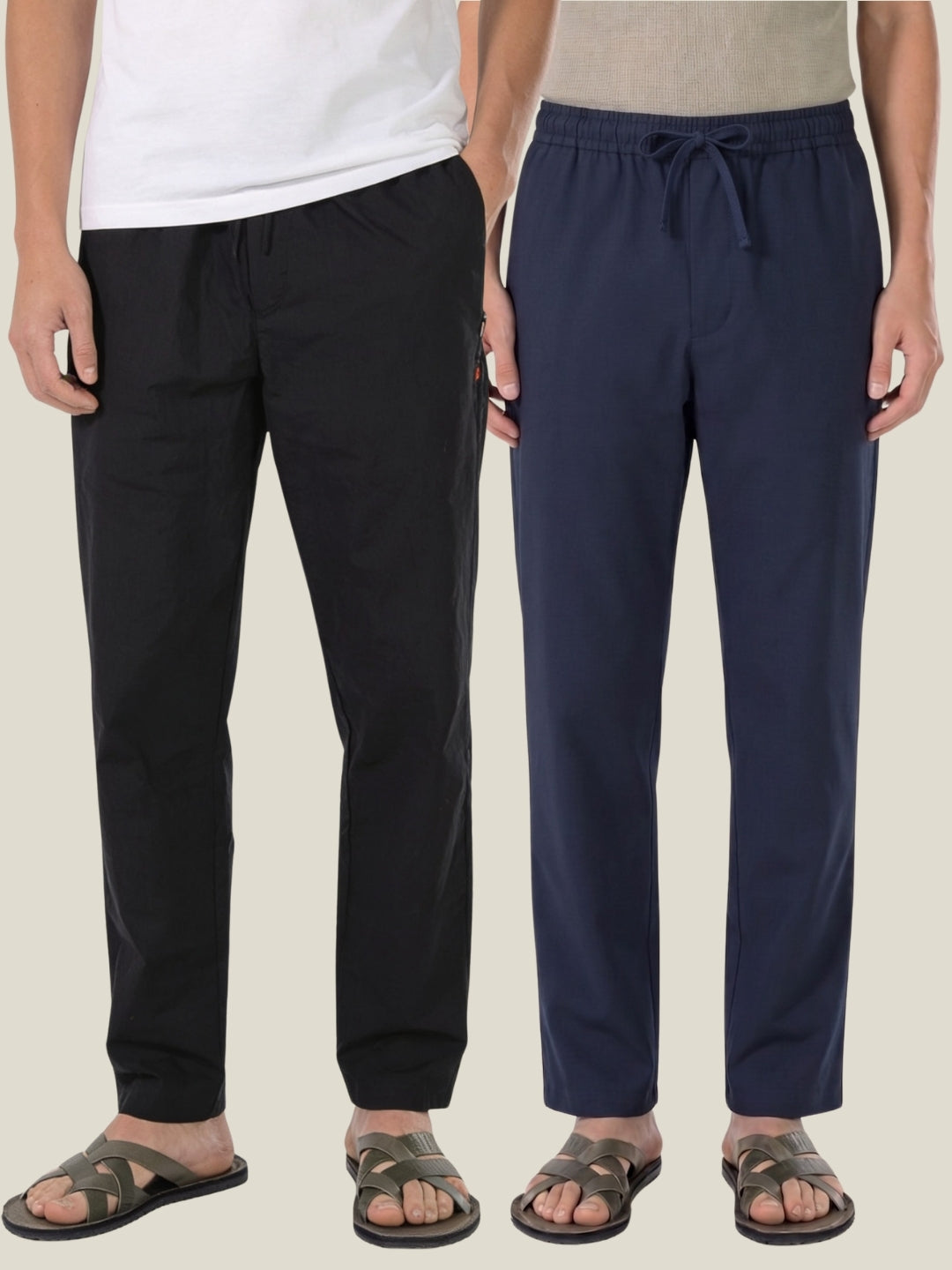 Boxy Crew Men's Cotton Lounge Pyjama Pack of 2 - Black & Navy Blue, No Marks Elastic, Zipper Pocket front studio view