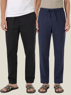 Boxy Crew Men's Cotton Lounge Pyjama Pack of 2 - Black & Navy Blue, No Marks Elastic, Zipper Pocket front studio view