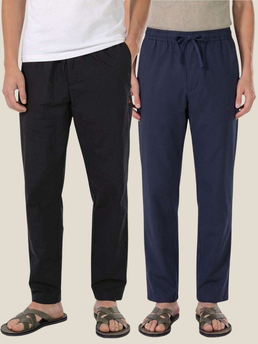 Boxy Crew Men's Cotton Lounge Pyjama Pack of 2 - Black & Navy Blue, No Marks Elastic, Zipper Pocket front studio view