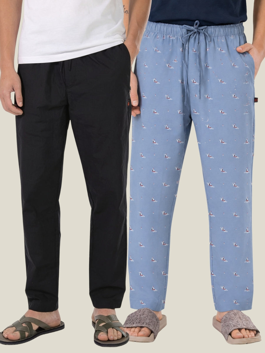 Boxy Crew Men's Cotton Lounge Pyjama Pack of 2 - Black & Sky Blue, No Marks Elastic, Zipper Pocket front studio view
