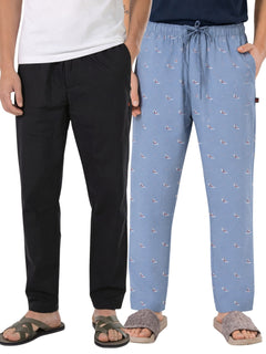 Boxy Crew Men's Cotton Lounge Pyjama Pack of 2 - Black & Sky Blue, No Marks Elastic, Zipper Pocket product view 8