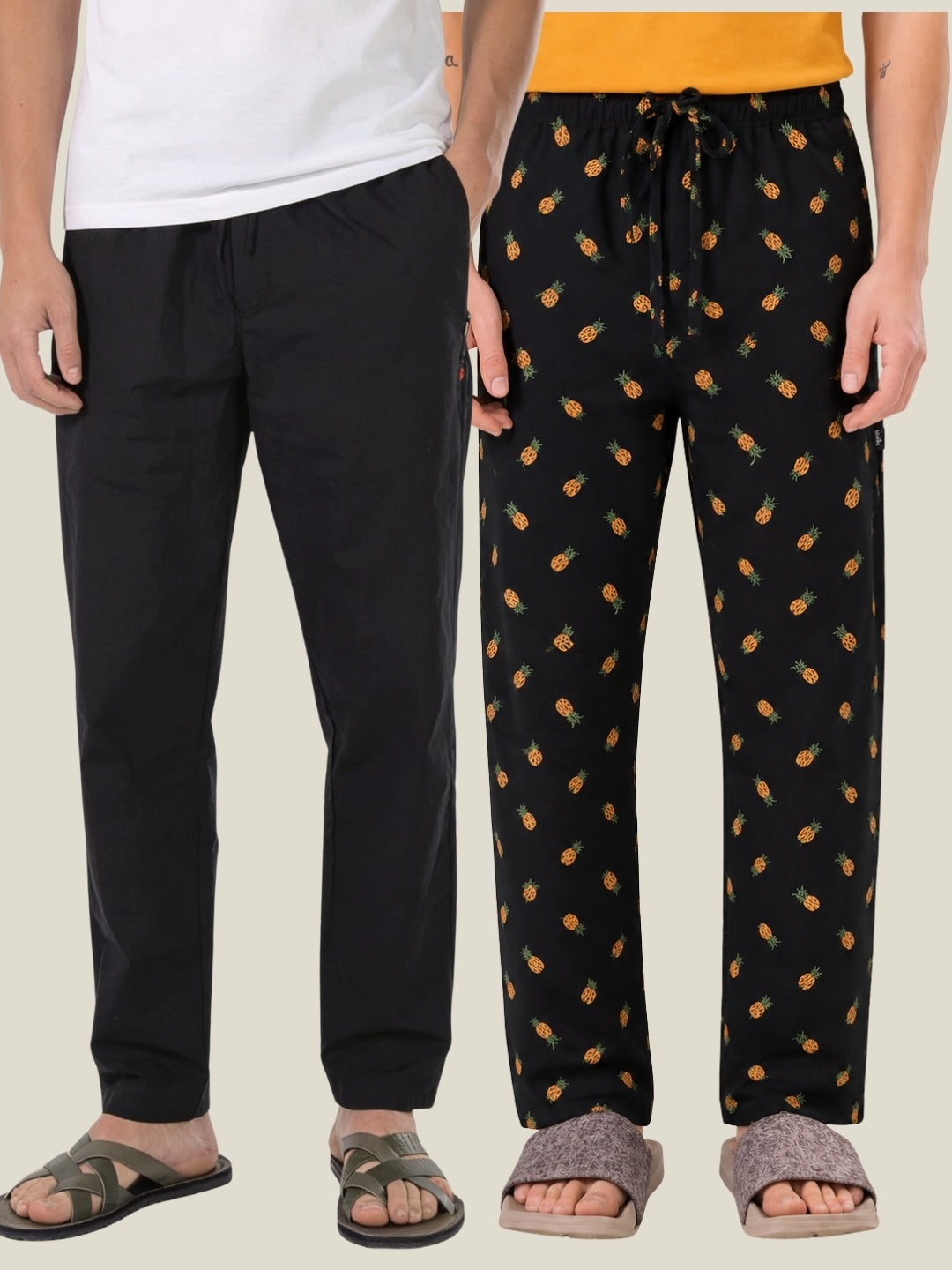 Boxy Crew Men's Cotton Lounge Pyjama Pack of 2 - Black & Charcoal, No Marks Elastic, Zipper Pocket front studio view
