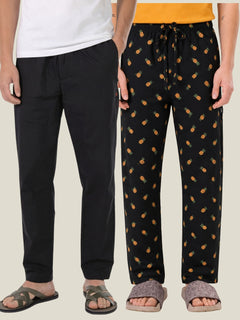 Boxy Crew Men's Cotton Lounge Pyjama Pack of 2 - Black & Charcoal, No Marks Elastic, Zipper Pocket front studio view