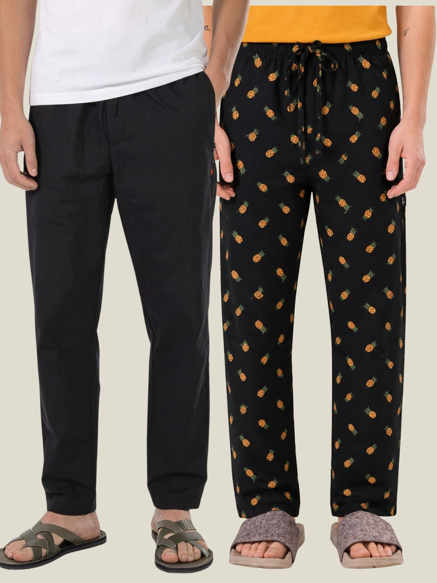 Boxy Crew Men's Cotton Lounge Pyjama Pack of 2 - Black & Charcoal, No Marks Elastic, Zipper Pocket front studio view