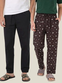 Boxy Crew Men's Cotton Lounge Pyjama Pack of 2 - Black & Brown, No Marks Elastic, Zipper Pocket front studio view