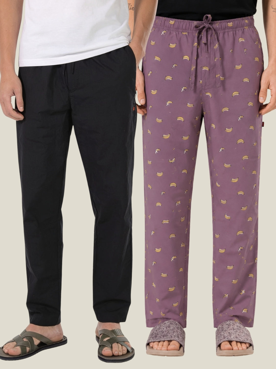 Boxy Crew Men's Cotton Lounge Pyjama Pack of 2 - Black & Rose Pink, No Marks Elastic, Zipper Pocket front studio view
