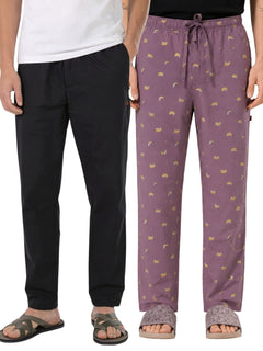 Boxy Crew Men's Cotton Lounge Pyjama Pack of 2 - Black & Rose Pink, No Marks Elastic, Zipper Pocket product view 8